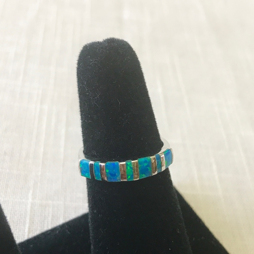 Blue lab Opals Silver 925 Band Ring Lovely  7 3/4 - Picture 4 of 6